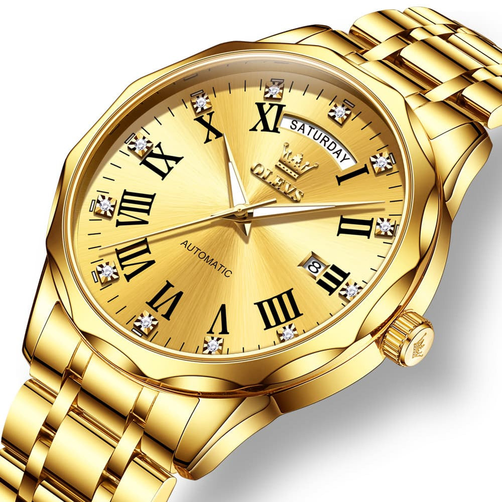 OLEVS 6780 Roman Numerals Day Date Mechanical Watch for Men - All Gold Watch | Olevs Watch Store