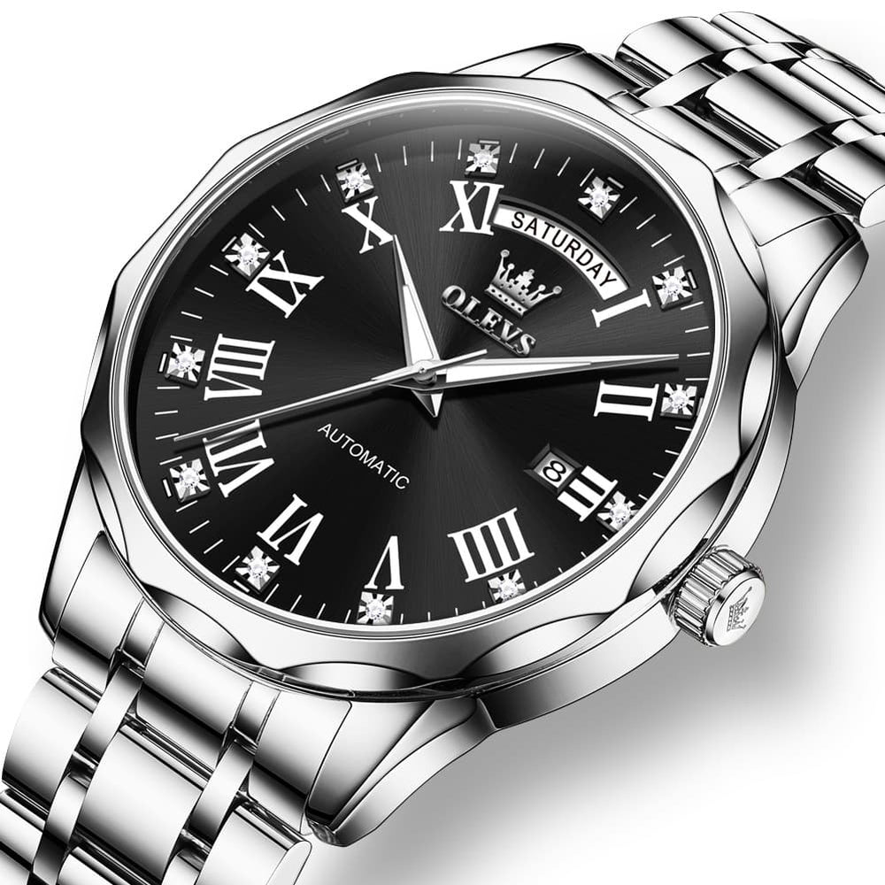 OLEVS 6780 Roman Numerals Day Date Mechanical Watch for Men - Silver Black Watch | Olevs Watch Store