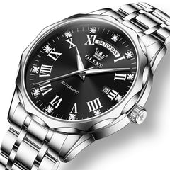 OLEVS 6780 Roman Numerals Day Date Mechanical Watch for Men - Silver Black Watch | Olevs Watch Store