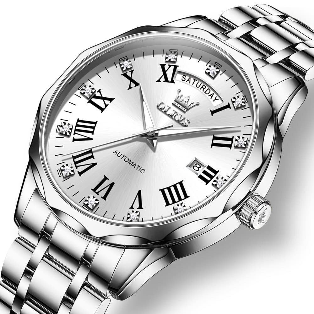 OLEVS 6780 Roman Numerals Day Date Mechanical Watch for Men - Silver White Watch | Olevs Watch Store