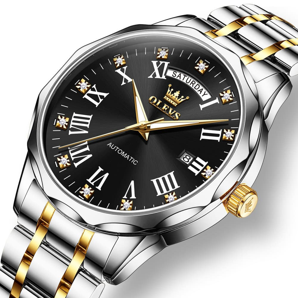OLEVS 6780 Roman Numerals Day Date Mechanical Watch for Men - Two Tone Black Watch | Olevs Watch Store