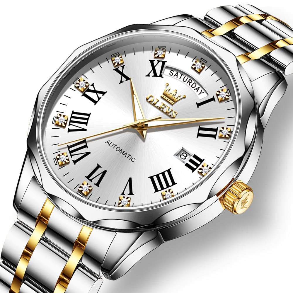 OLEVS 6780 Roman Numerals Day Date Mechanical Watch for Men - Two Tone White Watch | Olevs Watch Store