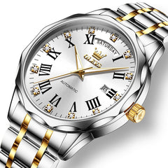 OLEVS 6780 Roman Numerals Day Date Mechanical Watch for Men - Two Tone White Watch | Olevs Watch Store