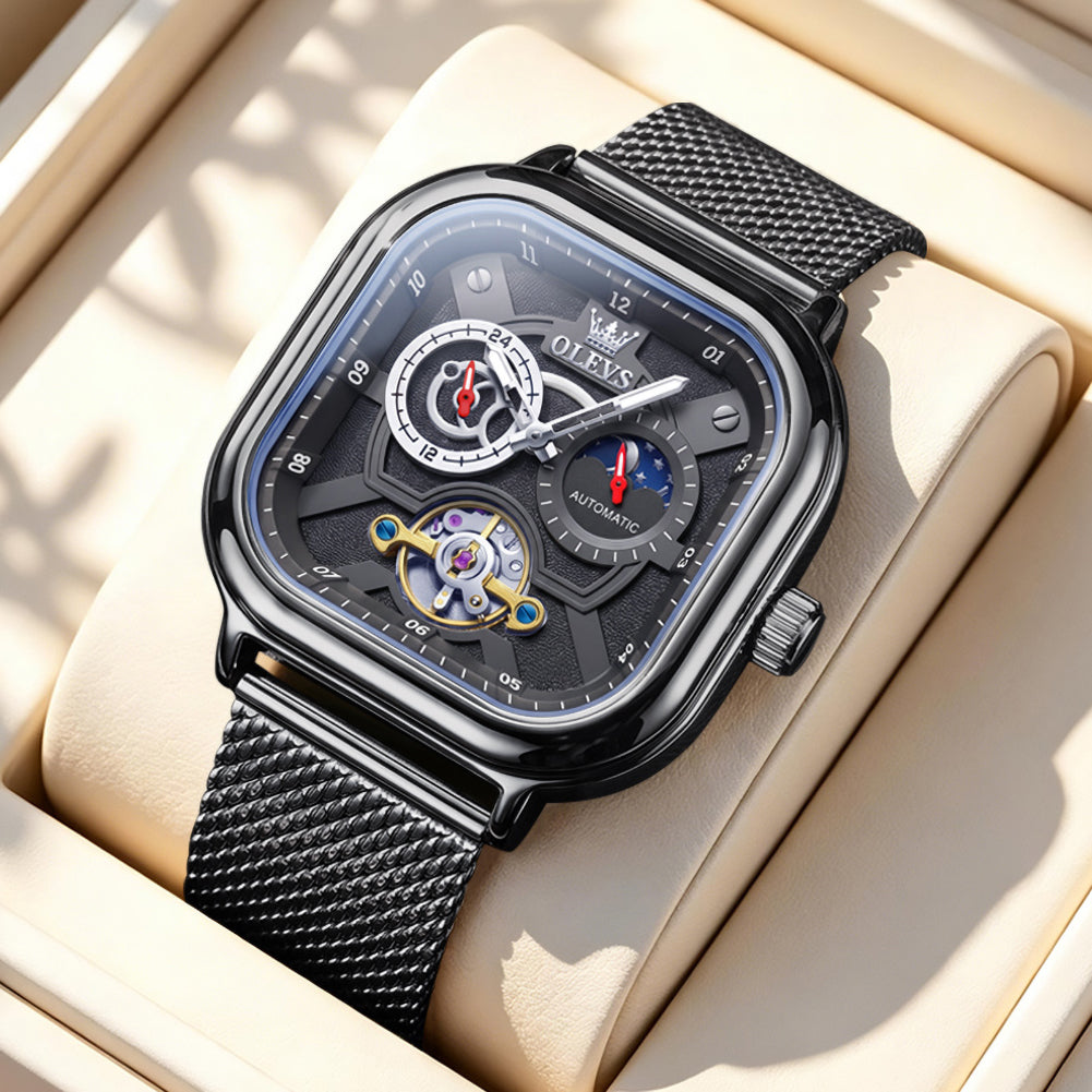 All Black dial and mesh bracelet close-up - OLEVS 6782