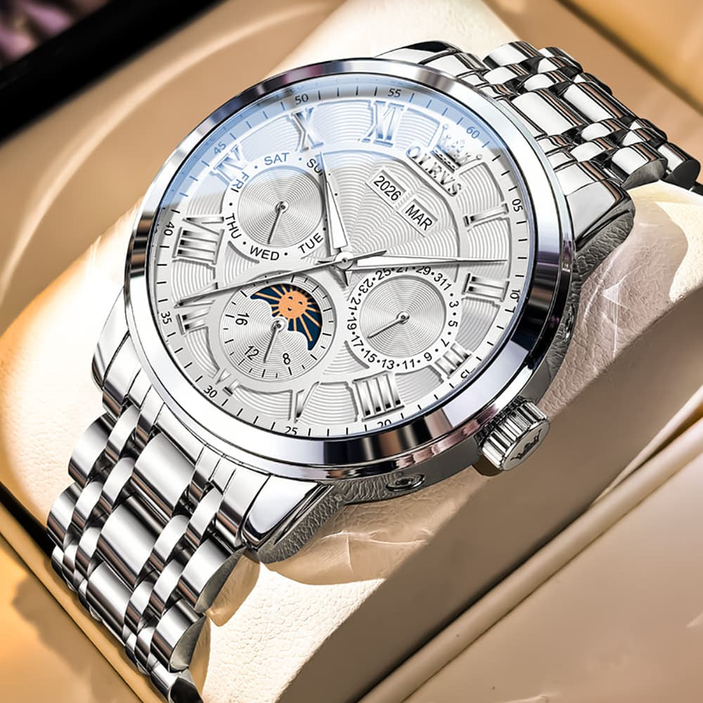 OLEVS 6785 Sun and Moon Multi Function Mechanical Watch for Men - Leather Silver Black Watch | Olevs Watch Store
