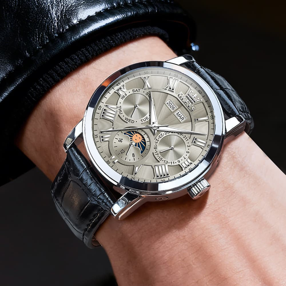 OLEVS 6785 Sun and Moon Multi Function Mechanical Watch for Men - Leather Silver Black Watch | Olevs Watch Store