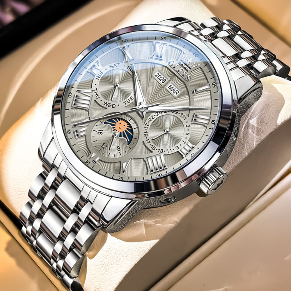 OLEVS 6785 Sun and Moon Multi Function Mechanical Watch for Men - Leather Silver Black Watch | Olevs Watch Store