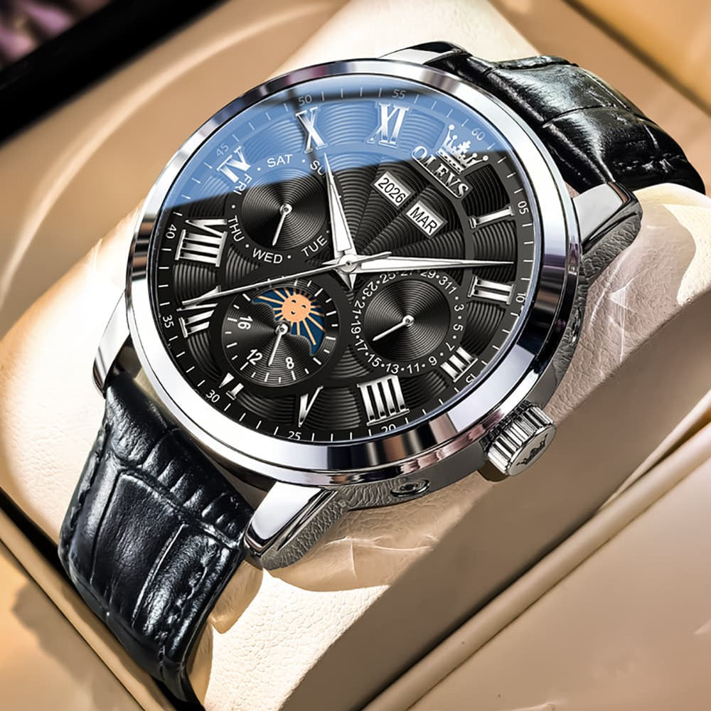 OLEVS 6785 Sun and Moon Multi Function Mechanical Watch for Men - Leather Silver Black Watch | Olevs Watch Store