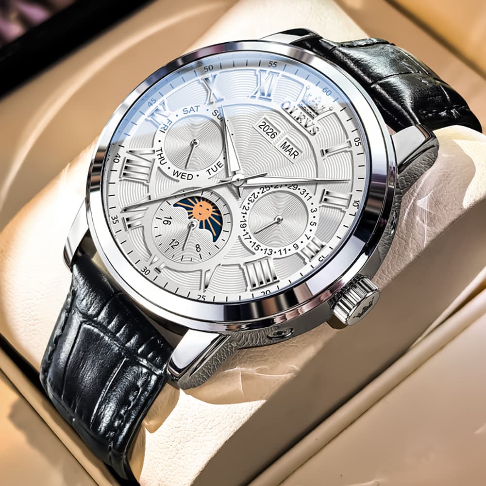 OLEVS 6785 Sun and Moon Multi Function Mechanical Watch for Men - Leather Silver Black Watch | Olevs Watch Store