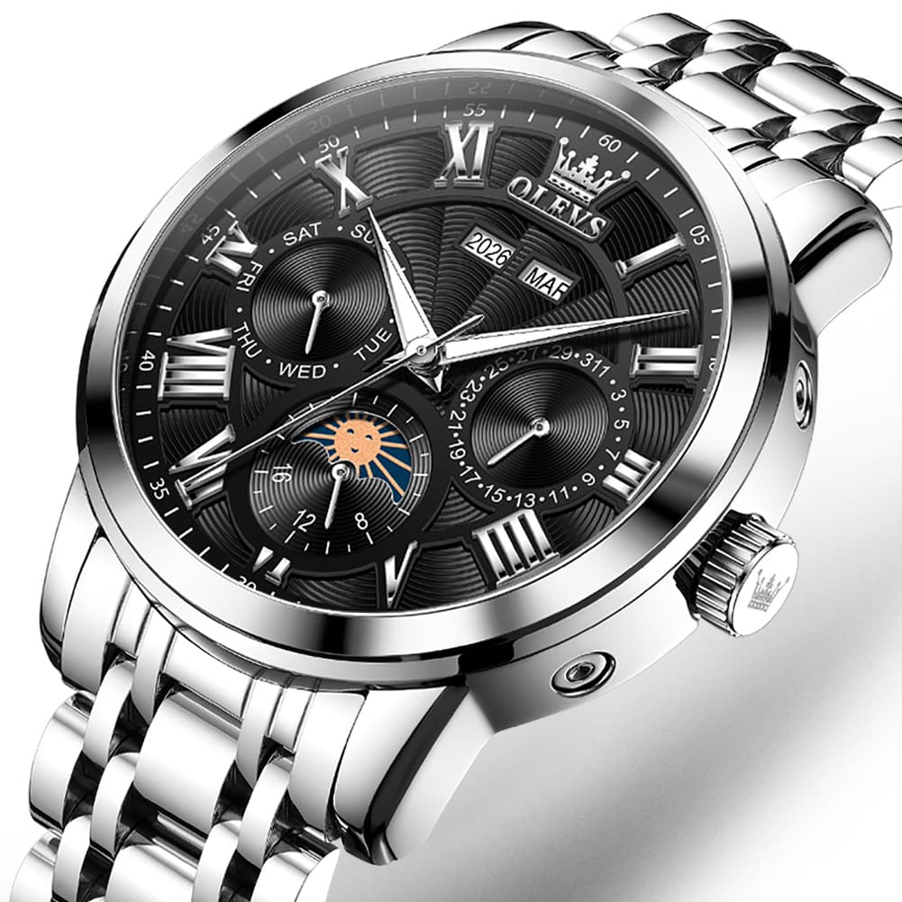 OLEVS 6785 Sun and Moon Multi Function Mechanical Watch for Men - Leather Silver Black Watch | Olevs Watch Store