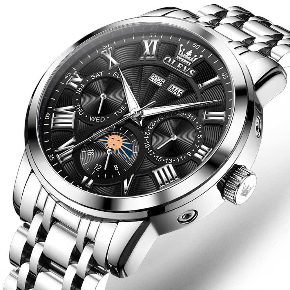 OLEVS 6785 Sun and Moon Multi Function Mechanical Watch for Men - Leather Silver Black Watch | Olevs Watch Store