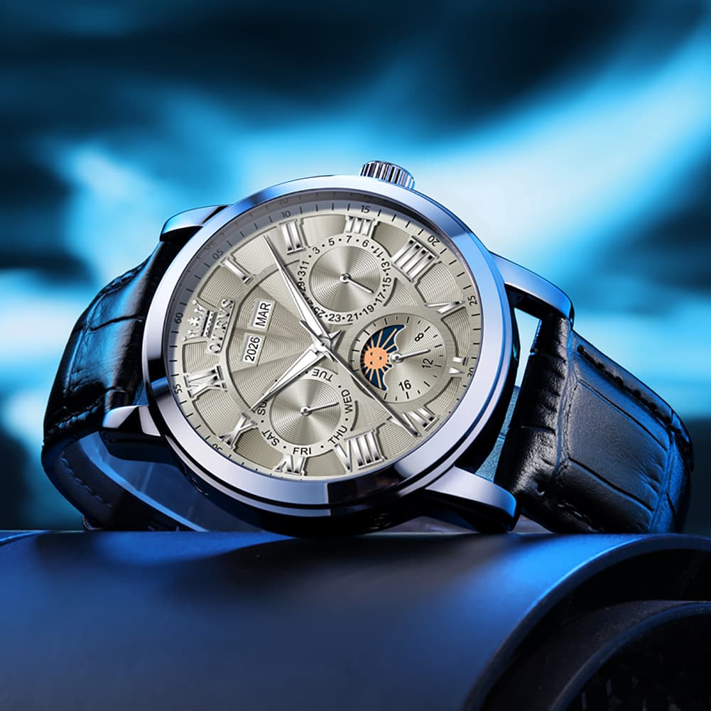 OLEVS 6785 Sun and Moon Multi Function Mechanical Watch for Men - Leather Silver Black Watch | Olevs Watch Store