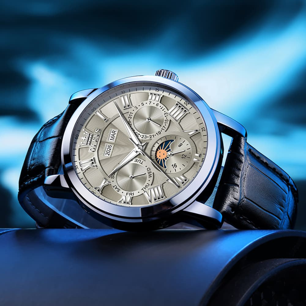 OLEVS 6785 Sun and Moon Multi Function Mechanical Watch for Men - Leather Silver Black Watch | Olevs Watch Store