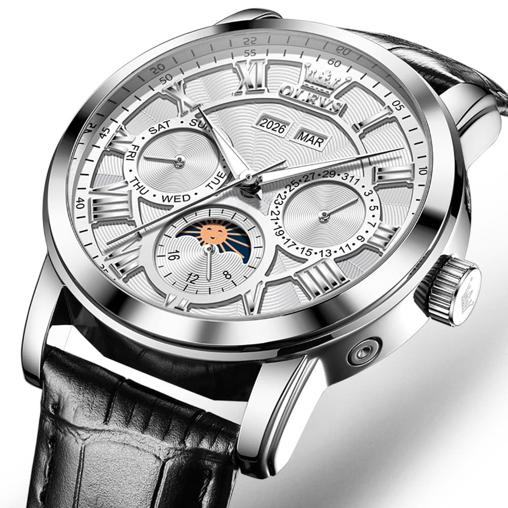 OLEVS 6785 Sun and Moon Multi Function Mechanical Watch for Men - Leather Silver Black Watch | Olevs Watch Store