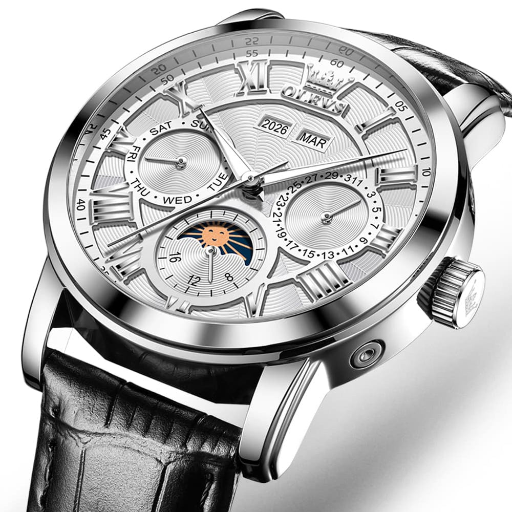 OLEVS 6785 Sun and Moon Multi Function Mechanical Watch for Men - Leather Silver Black Watch | Olevs Watch Store