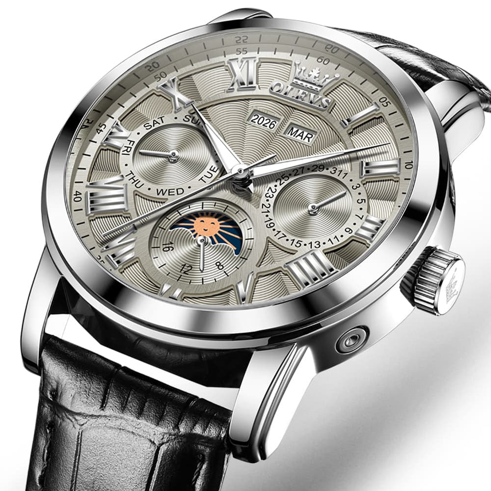 OLEVS 6785 Sun and Moon Multi Function Mechanical Watch for Men - Leather Silver Black Watch | Olevs Watch Store