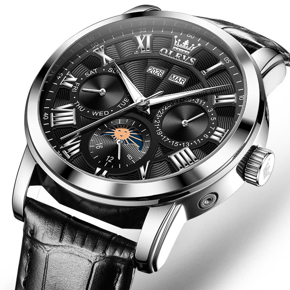 OLEVS 6785 Sun and Moon Multi Function Mechanical Watch for Men - Leather Silver Black Watch | Olevs Watch Store