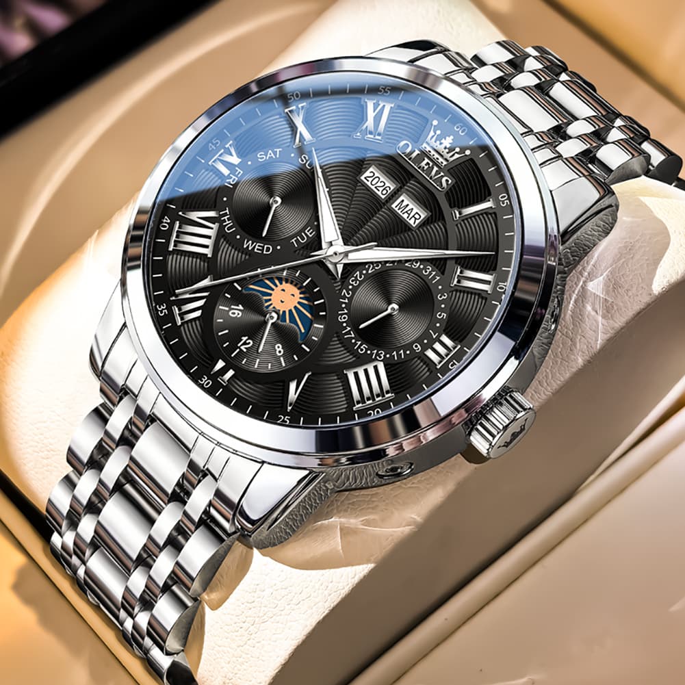OLEVS 6785 Sun and Moon Multi Function Mechanical Watch for Men - Leather Silver Black Watch | Olevs Watch Store
