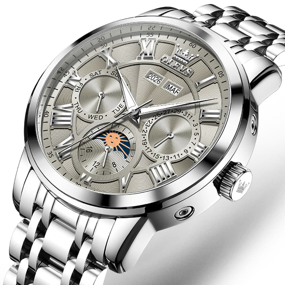 OLEVS 6785 Sun and Moon Multi Function Mechanical Watch for Men - Leather Silver Black Watch | Olevs Watch Store