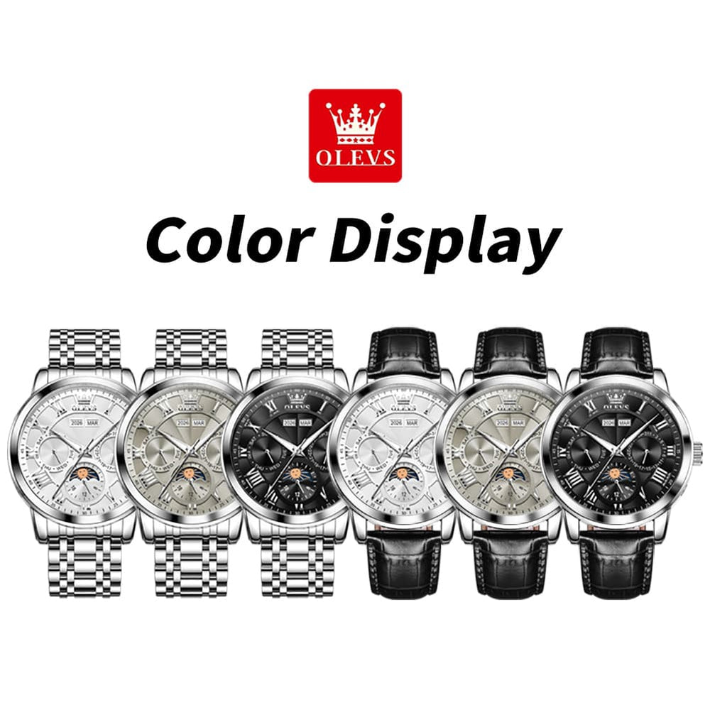 OLEVS 6785 Sun and Moon Multi Function Mechanical Watch for Men - Leather Silver Black Watch | Olevs Watch Store