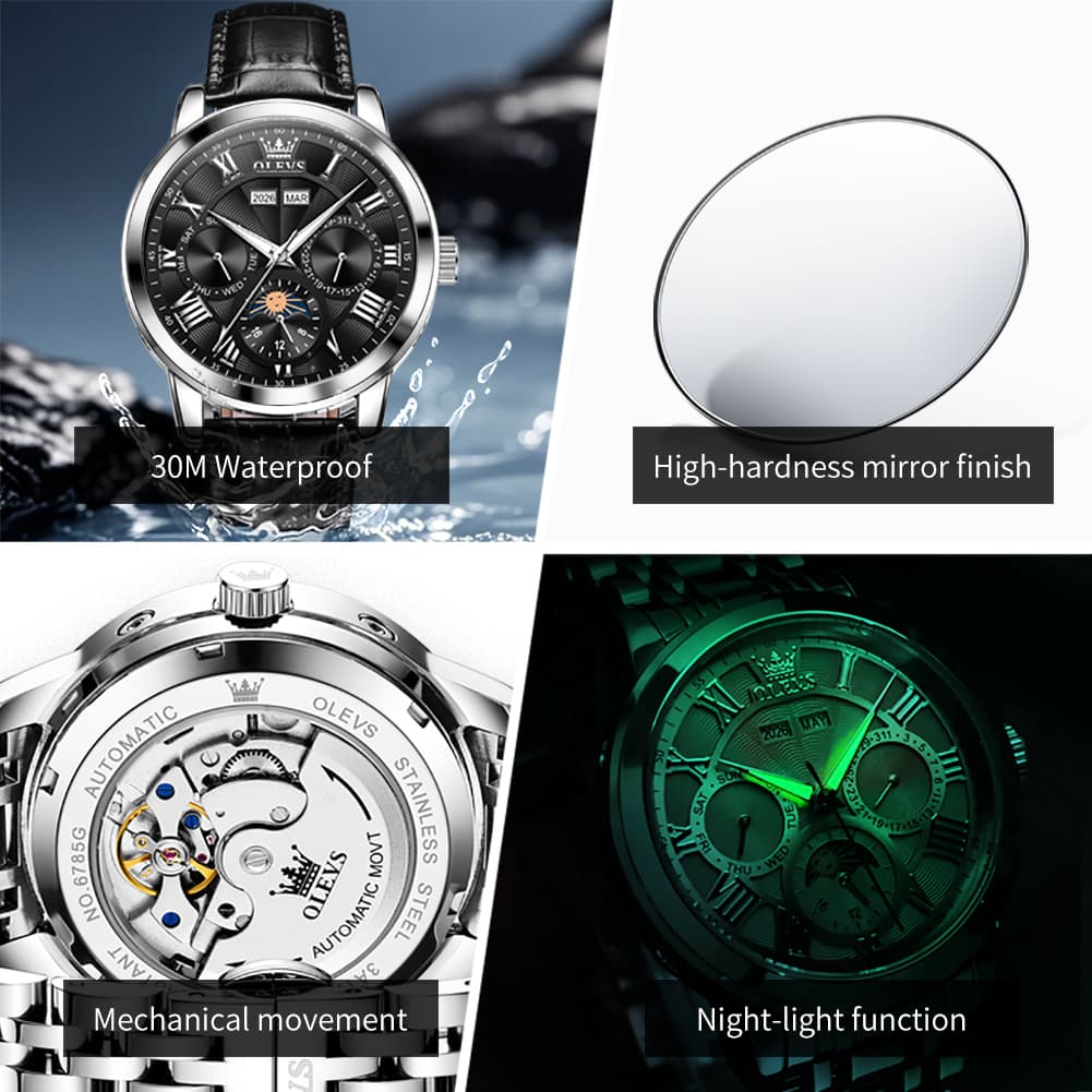 OLEVS 6785 Sun and Moon Multi Function Mechanical Watch for Men - Leather Silver Black Watch | Olevs Watch Store