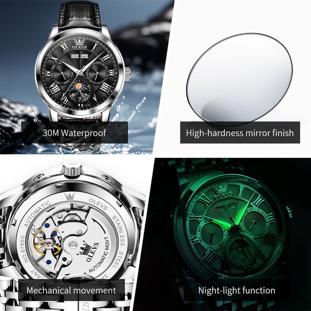 OLEVS 6785 Sun and Moon Multi Function Mechanical Watch for Men - Leather Silver Black Watch | Olevs Watch Store