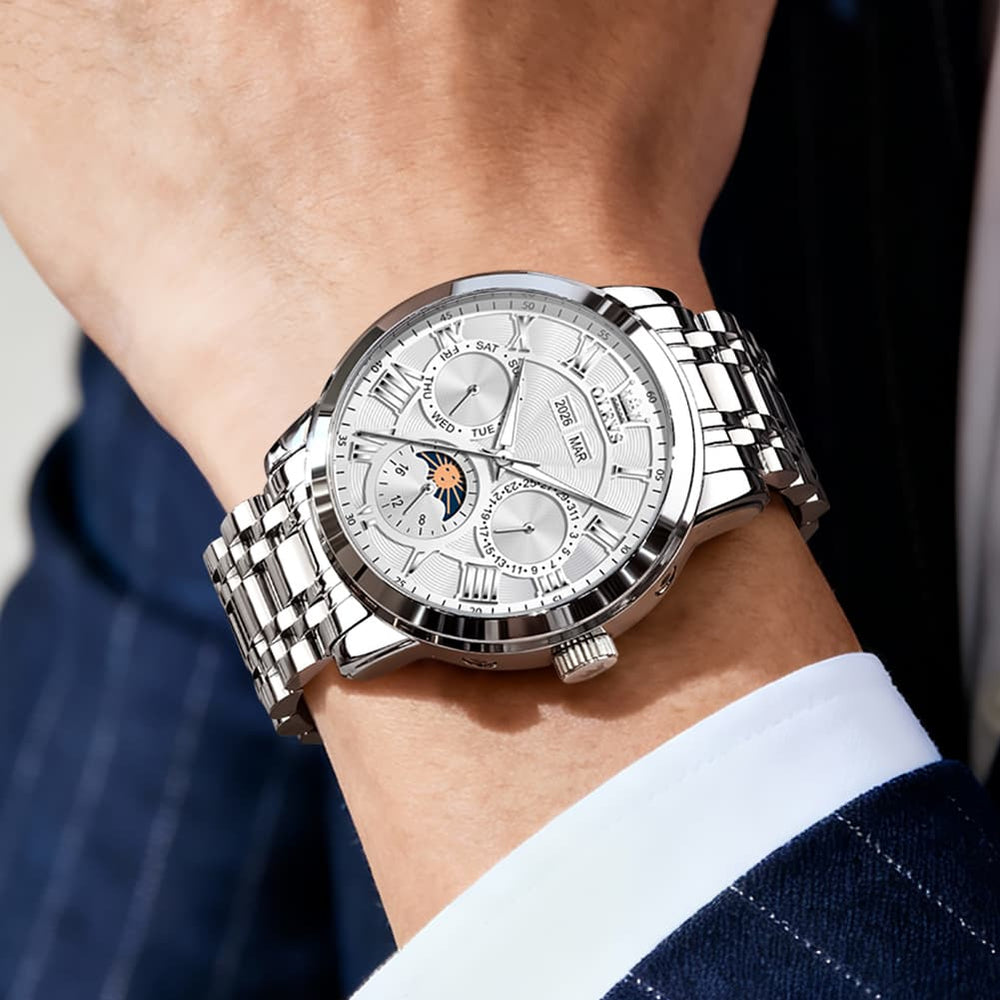 OLEVS 6785 Sun and Moon Multi Function Mechanical Watch for Men - Leather Silver Black Watch | Olevs Watch Store