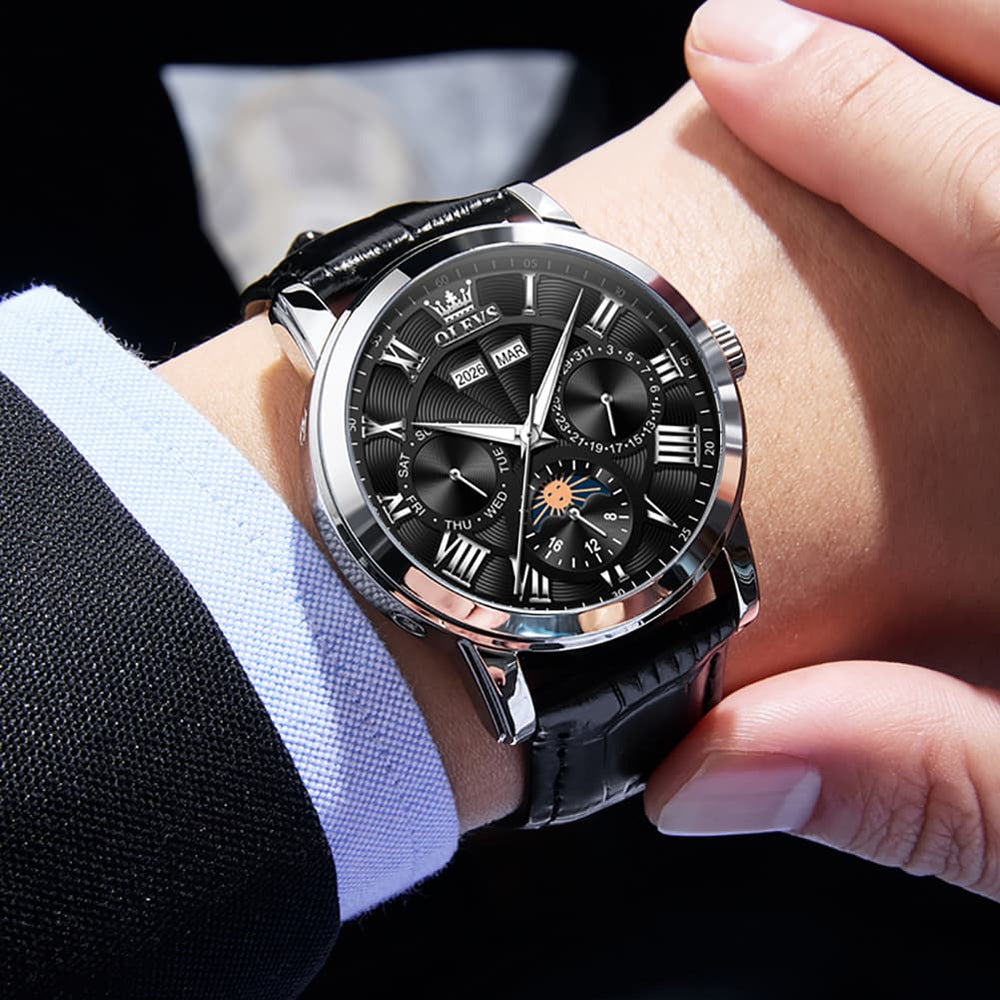 OLEVS 6785 Sun and Moon Multi Function Mechanical Watch for Men - Leather Silver Black Watch | Olevs Watch Store