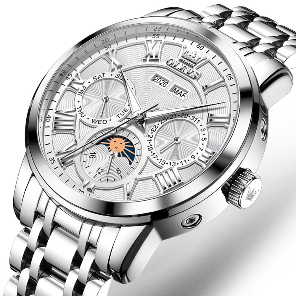 OLEVS 6785 Sun and Moon Multi Function Mechanical Watch for Men - Leather Silver Black Watch | Olevs Watch Store
