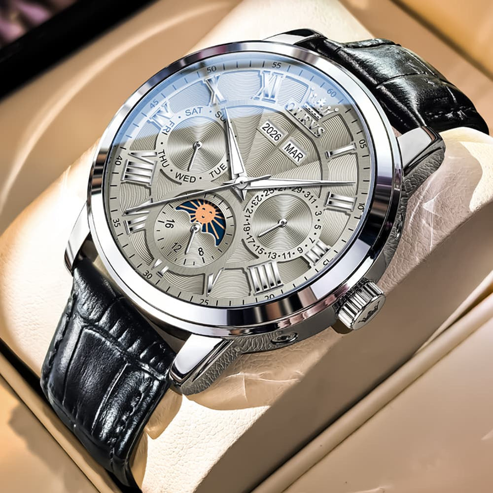 OLEVS 6785 Sun and Moon Multi Function Mechanical Watch for Men - Leather Silver Black Watch | Olevs Watch Store