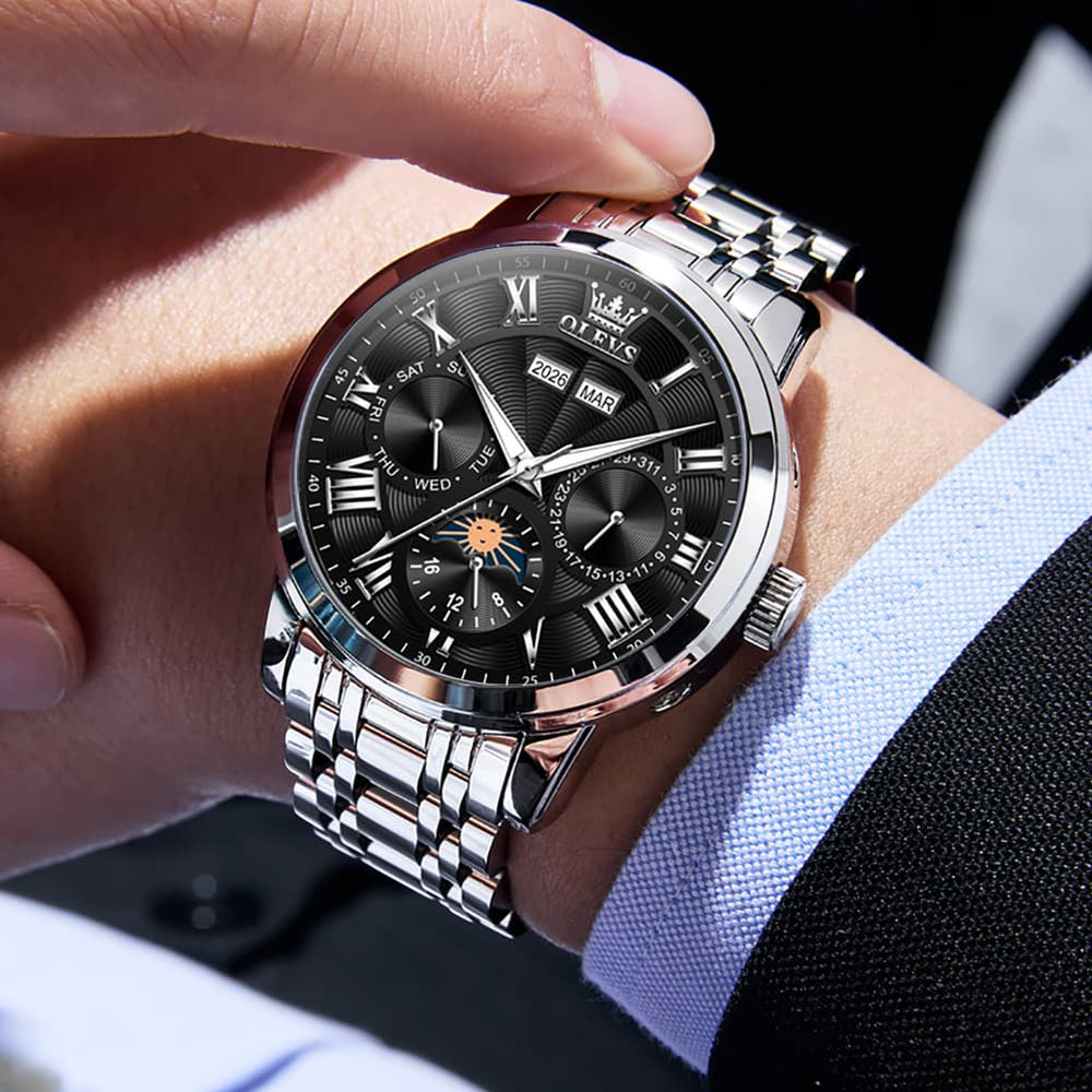 OLEVS 6785 Sun and Moon Multi Function Mechanical Watch for Men - Leather Silver Black Watch | Olevs Watch Store