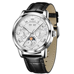 OLEVS 6785 Sun and Moon Multi Function Mechanical Watch for Men - Leather Silver White Watch | Olevs Watch Store