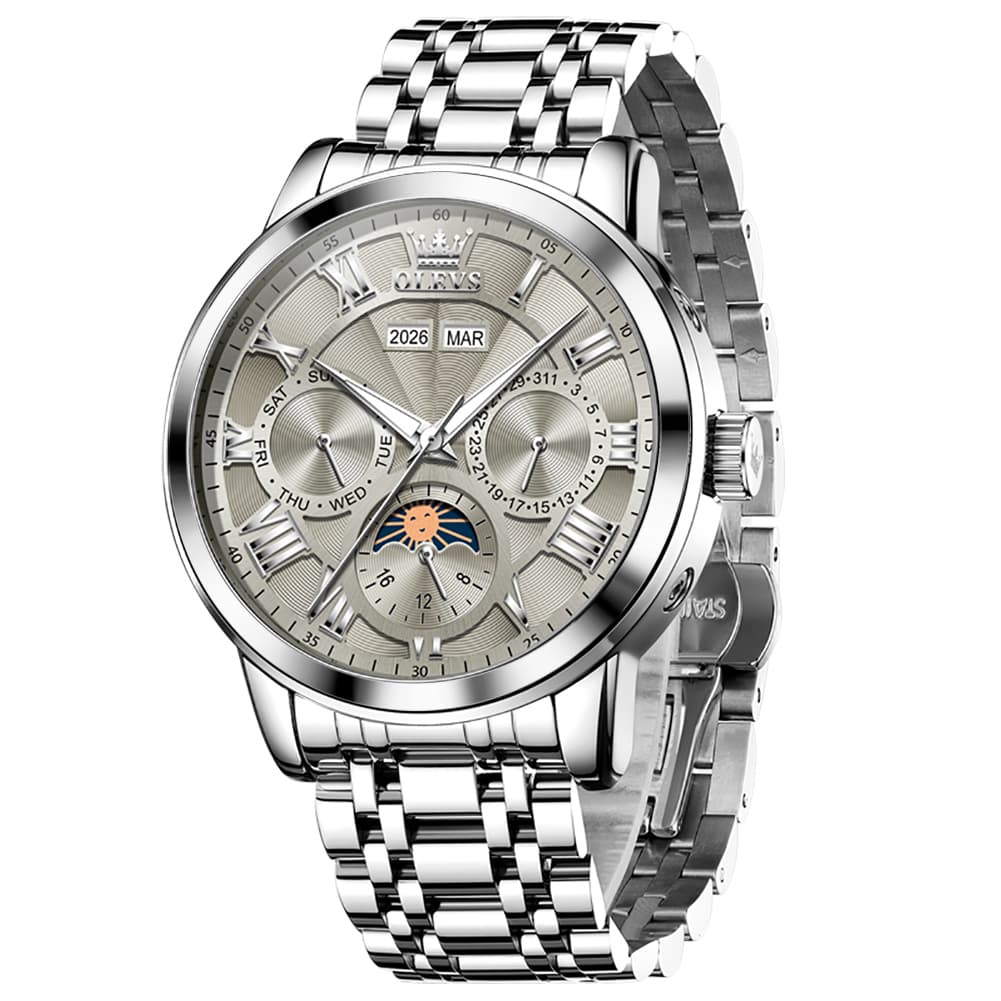 OLEVS 6785 Sun and Moon Multi Function Mechanical Watch for Men - Steel Silver Grey Watch | Olevs Watch Store