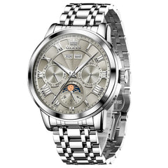 OLEVS 6785 Sun and Moon Multi Function Mechanical Watch for Men - Steel Silver Grey Watch | Olevs Watch Store