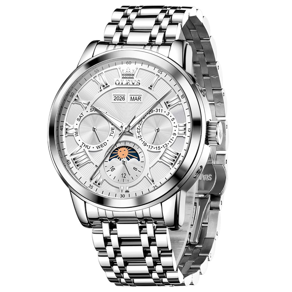 OLEVS 6785 Sun and Moon Multi Function Mechanical Watch for Men - Steel Silver White Watch | Olevs Watch Store