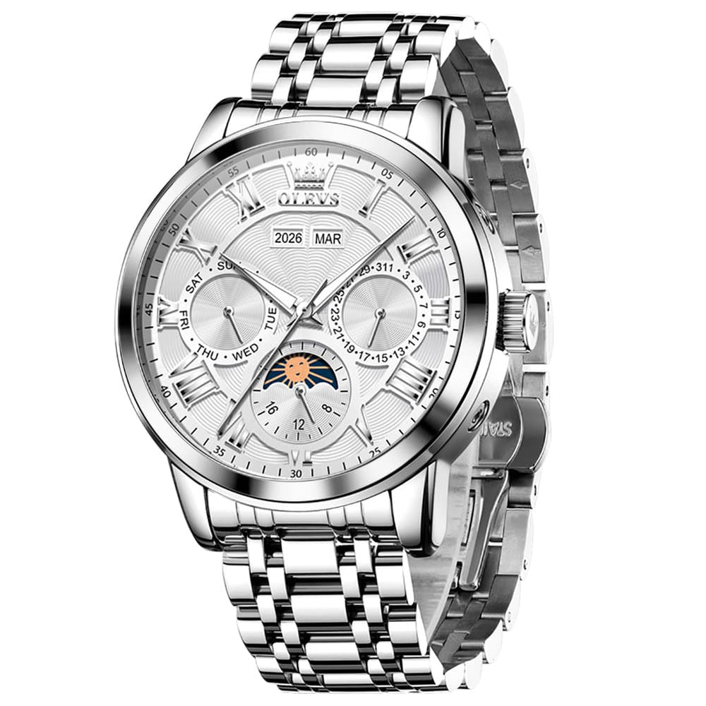 OLEVS 6785 Sun and Moon Multi Function Mechanical Watch for Men - Steel Silver White Watch | Olevs Watch Store