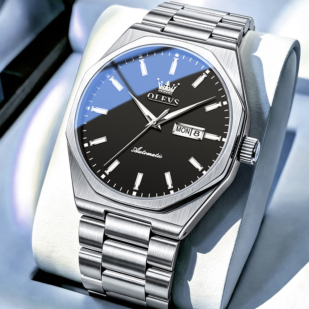 Silver Black watch studio closeup - OLEVS 6786