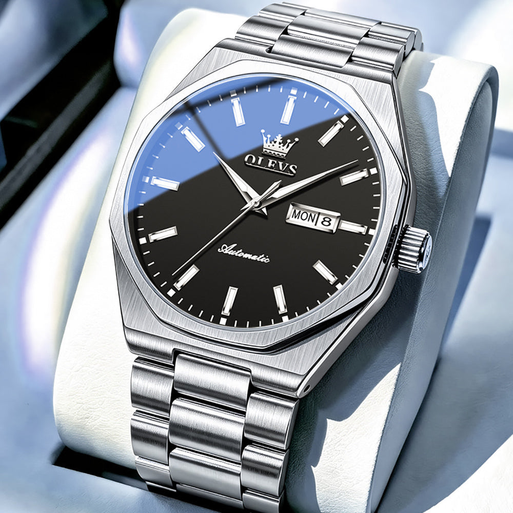 Silver Black watch studio closeup - OLEVS 6786