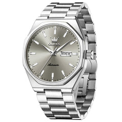 Silver Gray automatic day date watch front view - OLEVS 6786