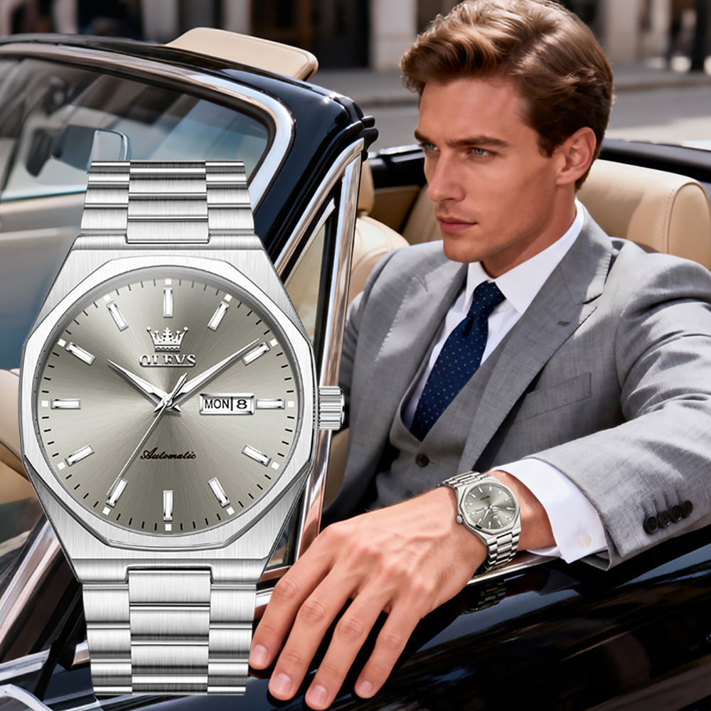 Silver Gray automatic watch lifestyle - OLEVS 6786