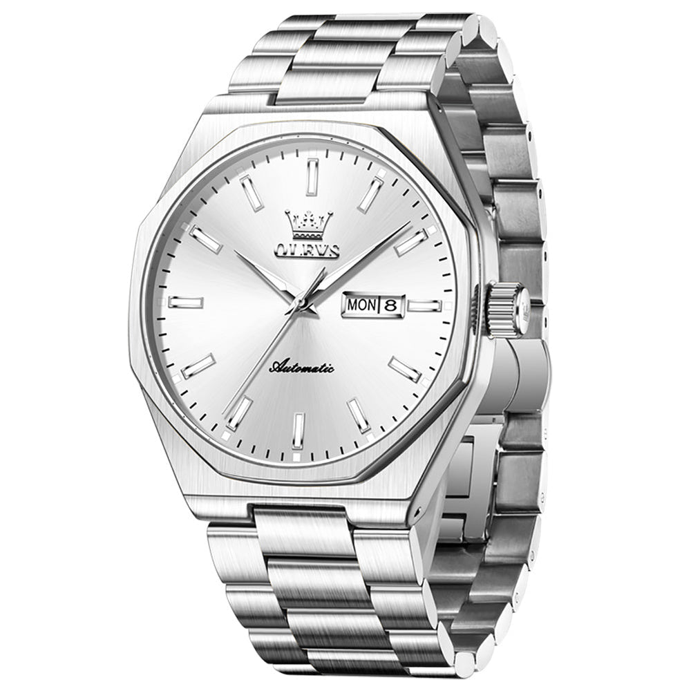 Silver White automatic day date watch front view - OLEVS 6786