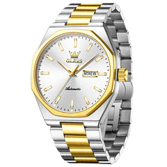 Two Tone White automatic day date watch front view - OLEVS 6786