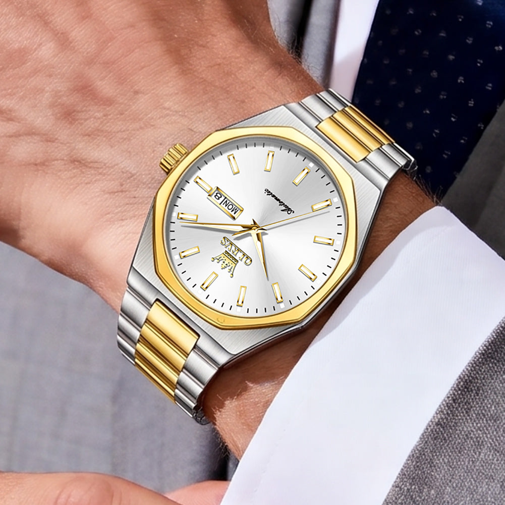 Two Tone White watch worn with business attire - OLEVS 6786