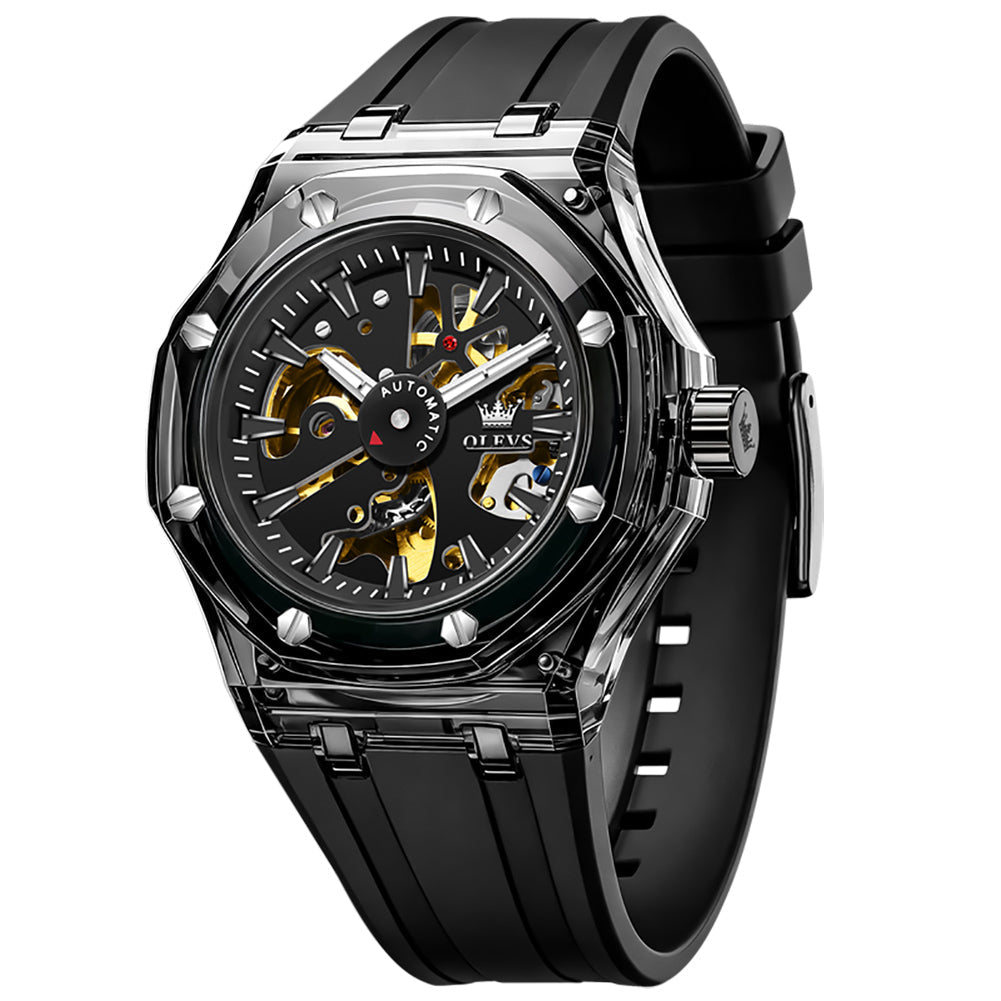 All Black skeleton automatic watch front view - OLEVS 6788