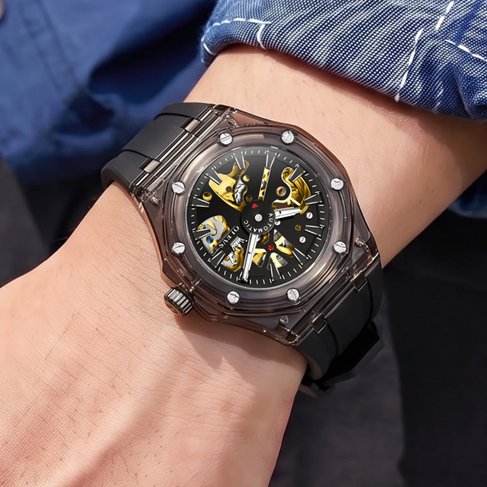 All Black skeleton watch wrist closeup - OLEVS 6788