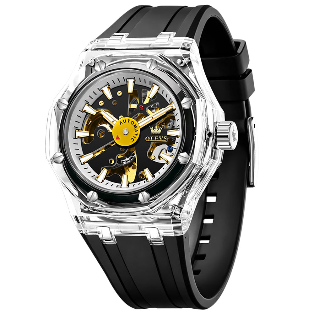 Black Clear skeleton automatic watch front view - OLEVS 6788