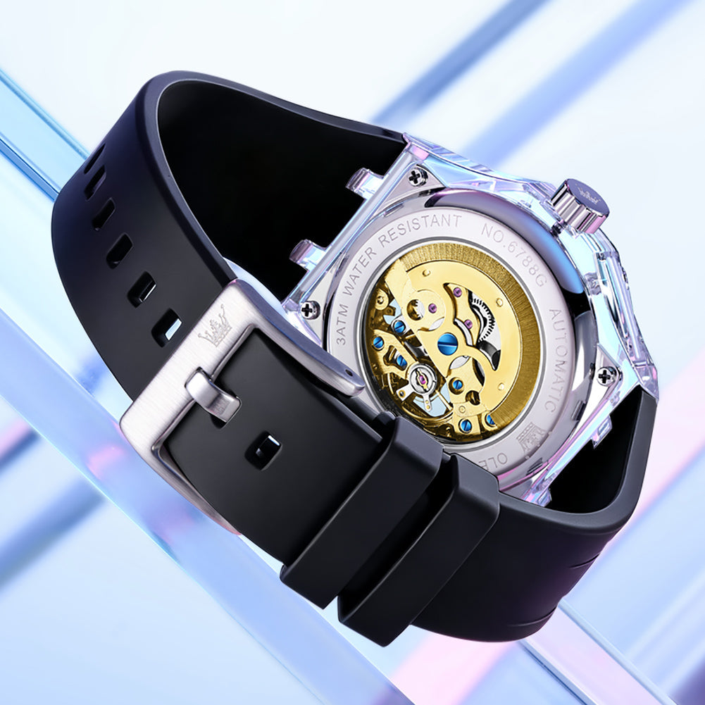 exhibition caseback and black rubber strap - OLEVS 6788