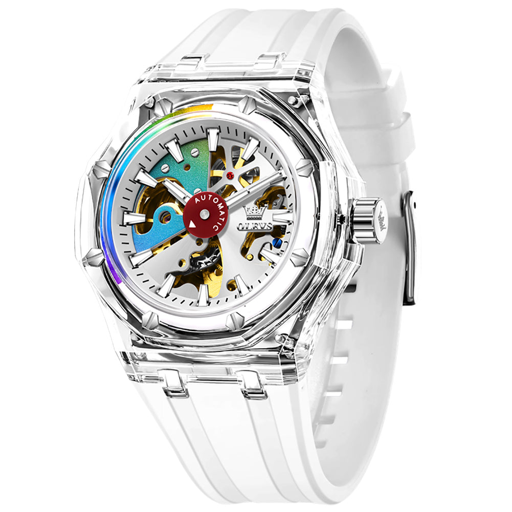 White Clear skeleton automatic watch front view - OLEVS 6788