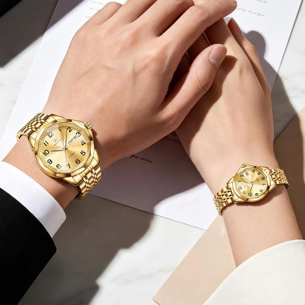 all gold matching watches worn by a couple - OLEVS 6789