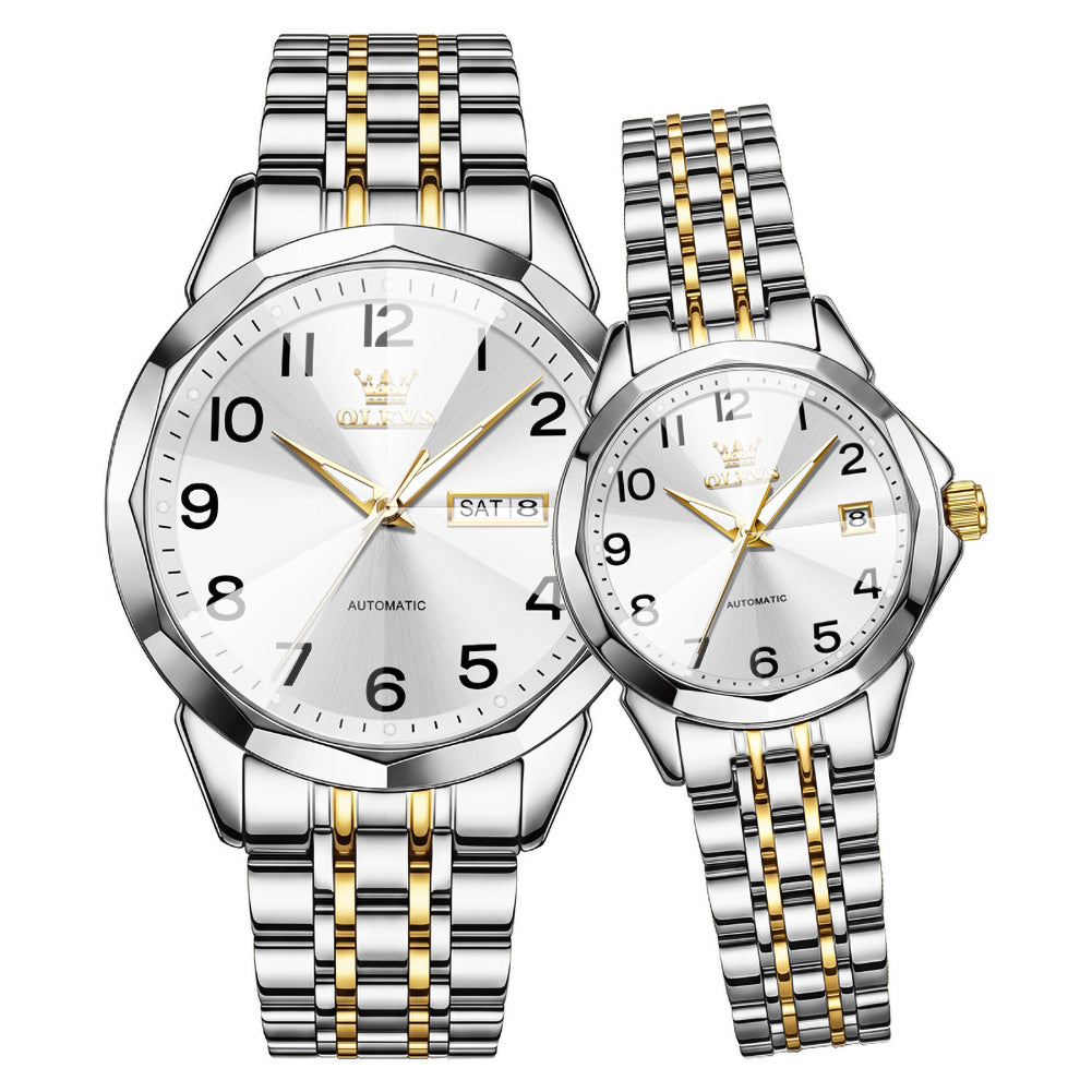 gold silver white automatic couple watch set - OLEVS 6789